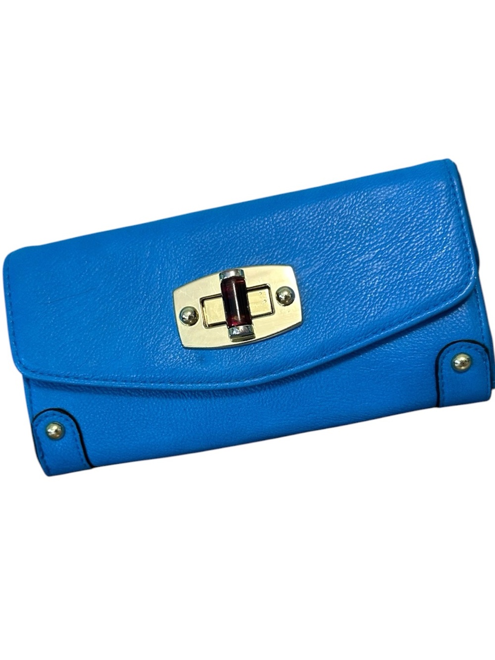 Blue Pebble Grained Faux Leather Turnlock Flap Clutch Wallet